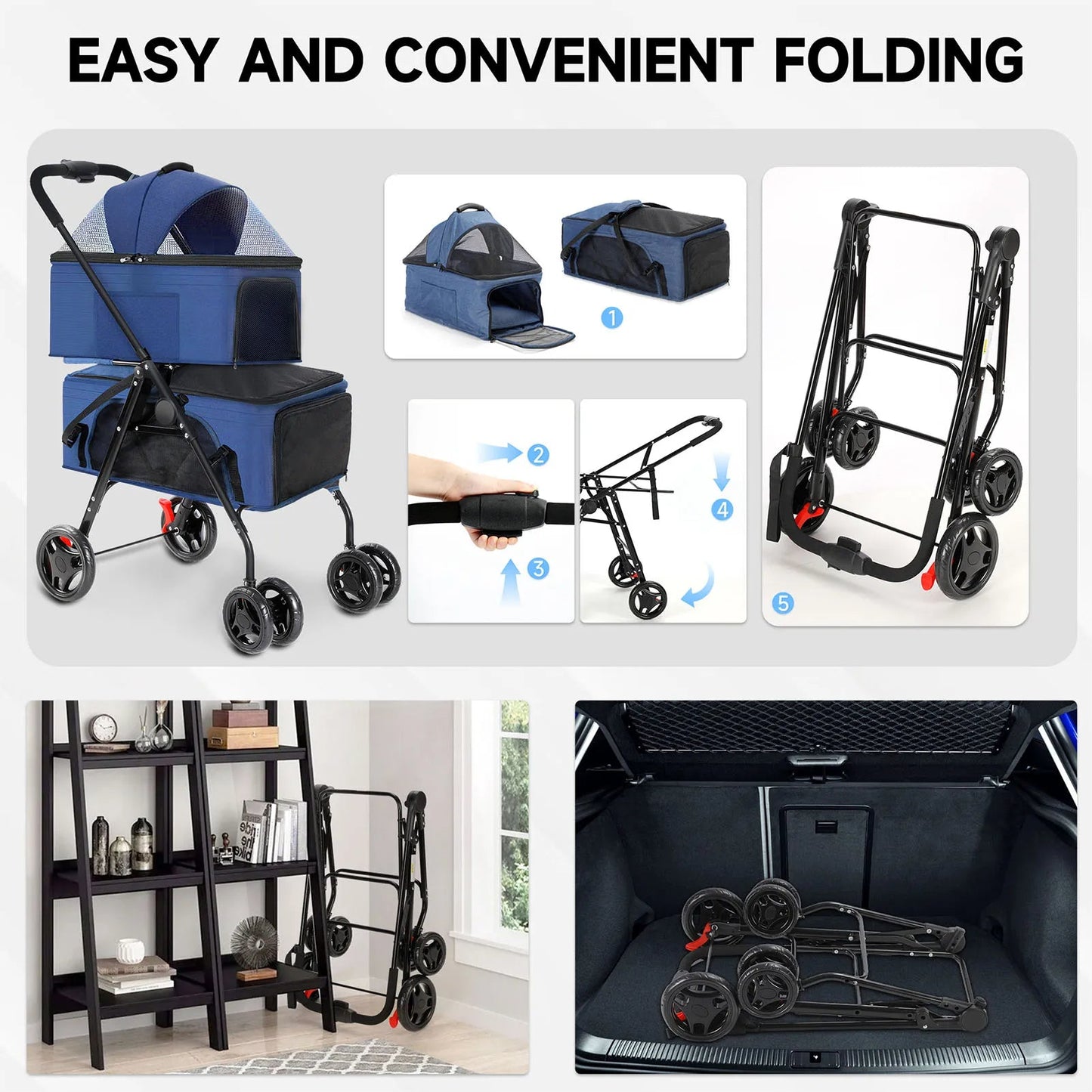 Collapsible Dual Pet Stroller for Dogs and Cats