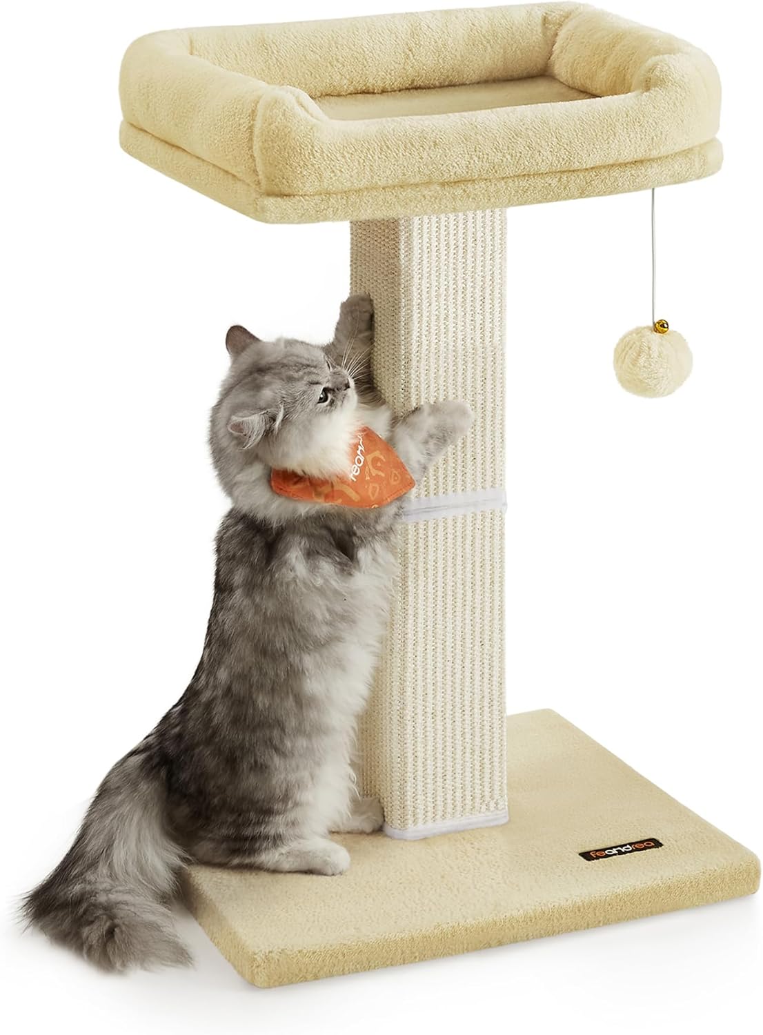 Cat Scratching Post, Cat Scratcher with 40 x 30 cm Plush Perch, Cat Tree, 71 cm Tall Scratch Post with Woven Sisal, 45 x 40 cm Base, Pompom, Light Grey