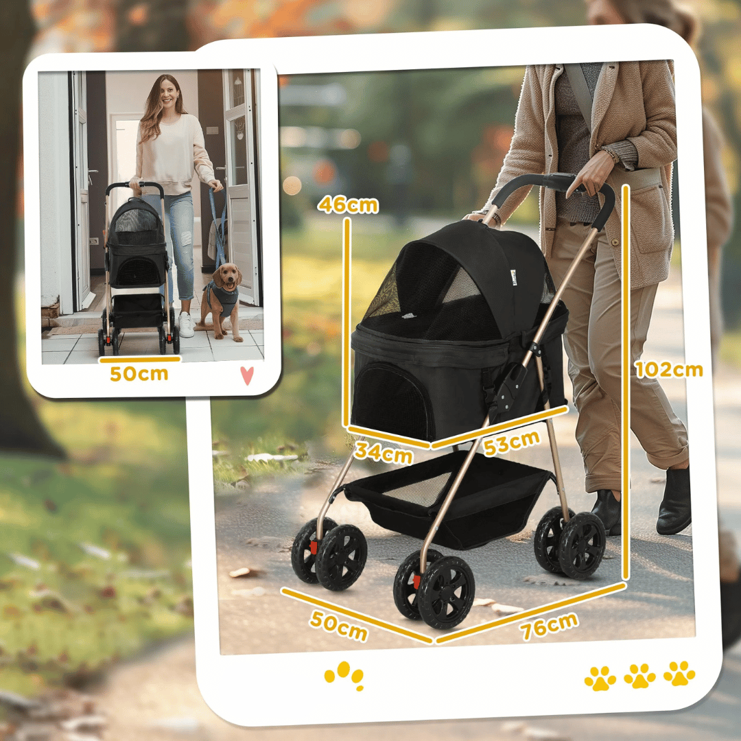 Compact Pet Stroller with Removable Basket & Storage