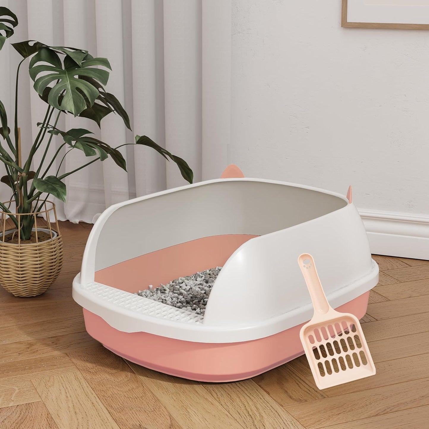 Large Cat Litter Tray Box, Plastic Open Cat Litter Box with Raised Rims and Detachable Rim, Litter Tray with Free Scoop, 57.5 x 44 x 19 cm