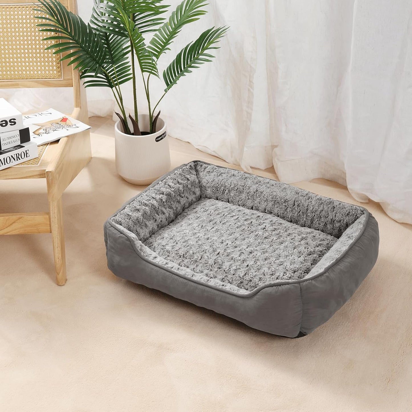 Small Dog Sofa Bed Washable, Soft Plush Calming Beds with Non-Slip Bottom - Anti-Anxiety Rectangle Puppy Mat (60 x 45 cm, Grey)