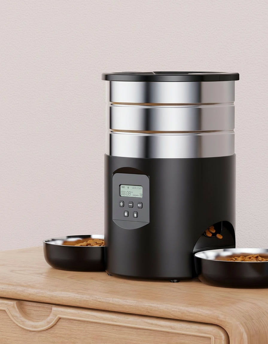 Automatic Cat Feeder For 2 Cats - Stainless Steel Cat Food Dispenser for Fresh Dry Food with Timer - 5L Electric Pet Feeder with Double Bowls Indoor- Auto Small Dog Feeder Dual Power - Button Control