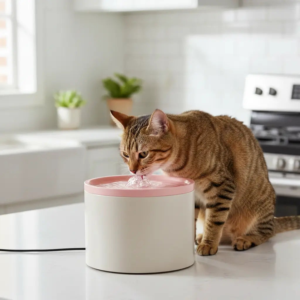 Cat drinking from a pink and white cat ceramic fountain in a kitchen