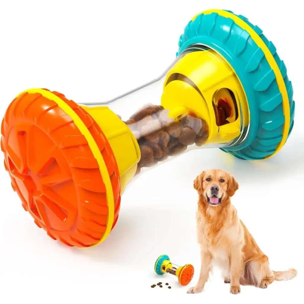 Colorful dog toy with treat dispensing mechanism and a dog sitting next to it on a white background