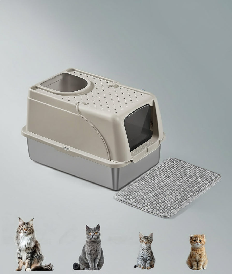 Stainless Steel Cat Litter Box with Flip Lid, XL Enclosed Litter Box with Leak-Proof Design, Scoop, Brush, Dual Entry, for Cats up to 15 kg, Cappuccino Beige PPT005K01