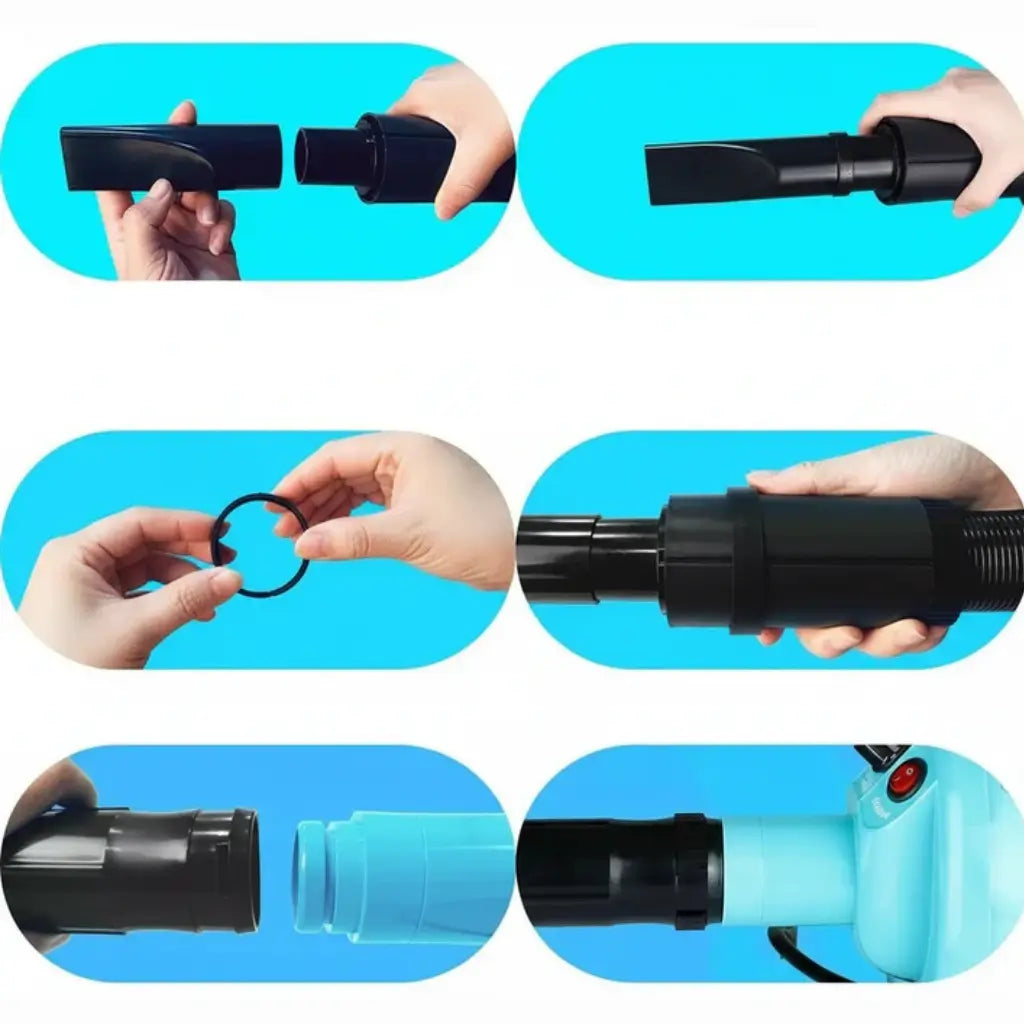 Step-by-step assembly of a black and blue dog hair dryer attachment on a blue background