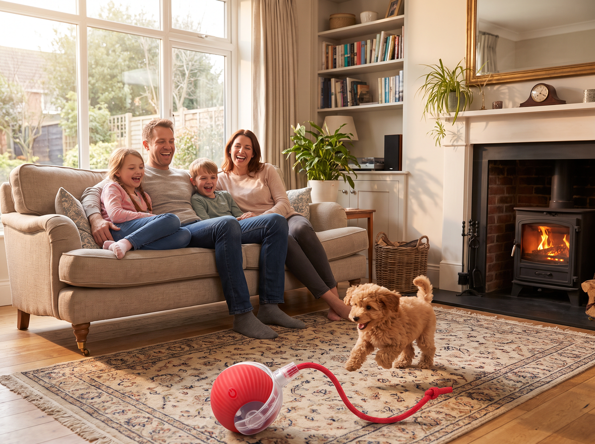 Family on the sofa watching a toy poodle puppy chase the red ChaseBall across the rug