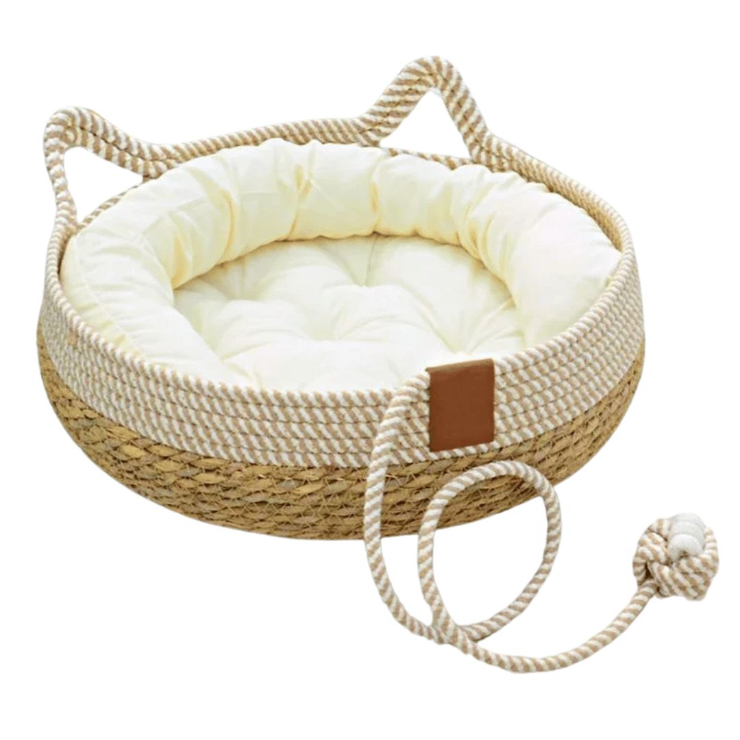 Natural Fiber Pet Bed Basket with Plush Cushion
