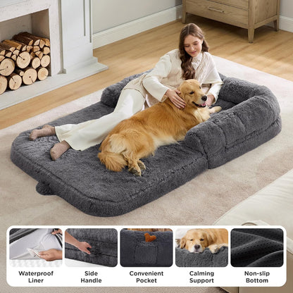 Human Dog Bed for Adults - 2 in 1 Foldable Human Sized Giant Dog Bed Fits Pet Families with Egg Foam Supportive Mat and Waterproof Liner, Faux Fur Orthopedic Dog Sofa, 180x104cm, Dark Grey