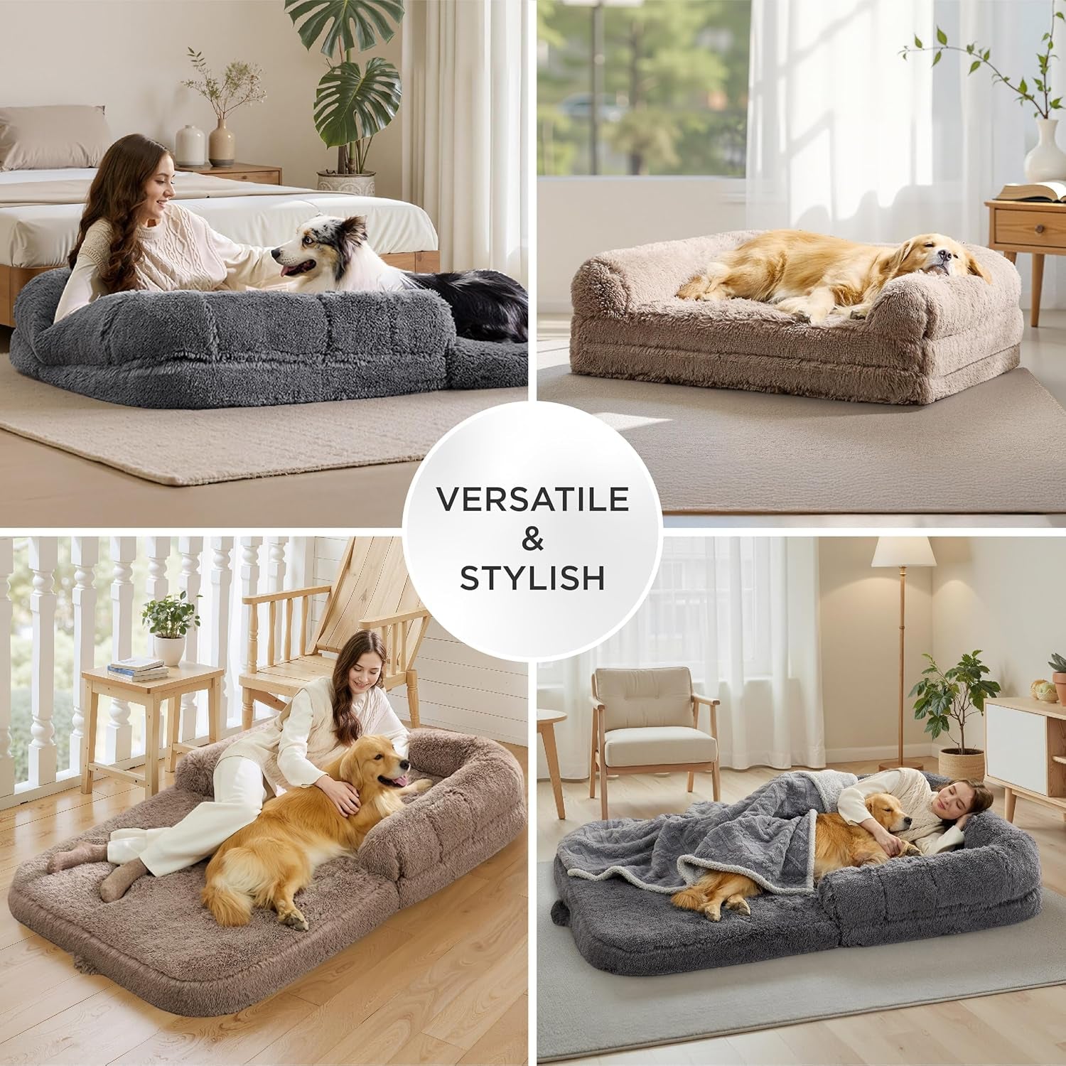 Human Dog Bed for Adults - 2 in 1 Foldable Human Sized Giant Dog Bed Fits Pet Families with Egg Foam Supportive Mat and Waterproof Liner, Faux Fur Orthopedic Dog Sofa, 180x104cm, Dark Grey