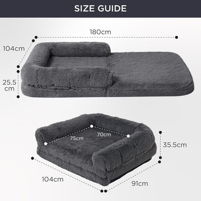 Human Dog Bed for Adults - 2 in 1 Foldable Human Sized Giant Dog Bed Fits Pet Families with Egg Foam Supportive Mat and Waterproof Liner, Faux Fur Orthopedic Dog Sofa, 180x104cm, Dark Grey