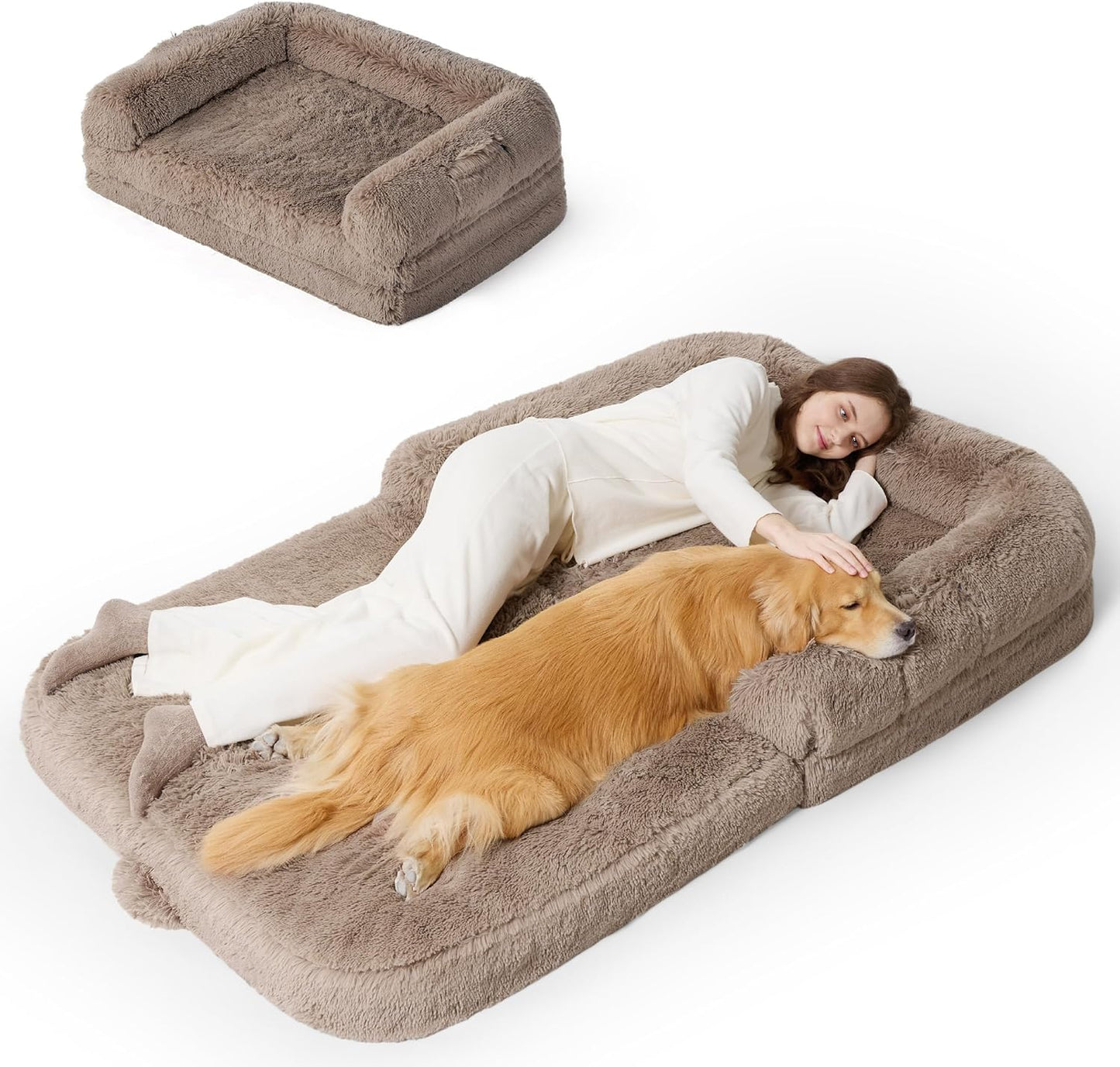 Human Dog Bed for Adults - 2 in 1 Foldable Human Sized Giant Dog Bed Fits Pet Families with Egg Foam Supportive Mat and Waterproof Liner, Faux Fur Orthopedic Dog Sofa, 180x104cm, Dark Grey