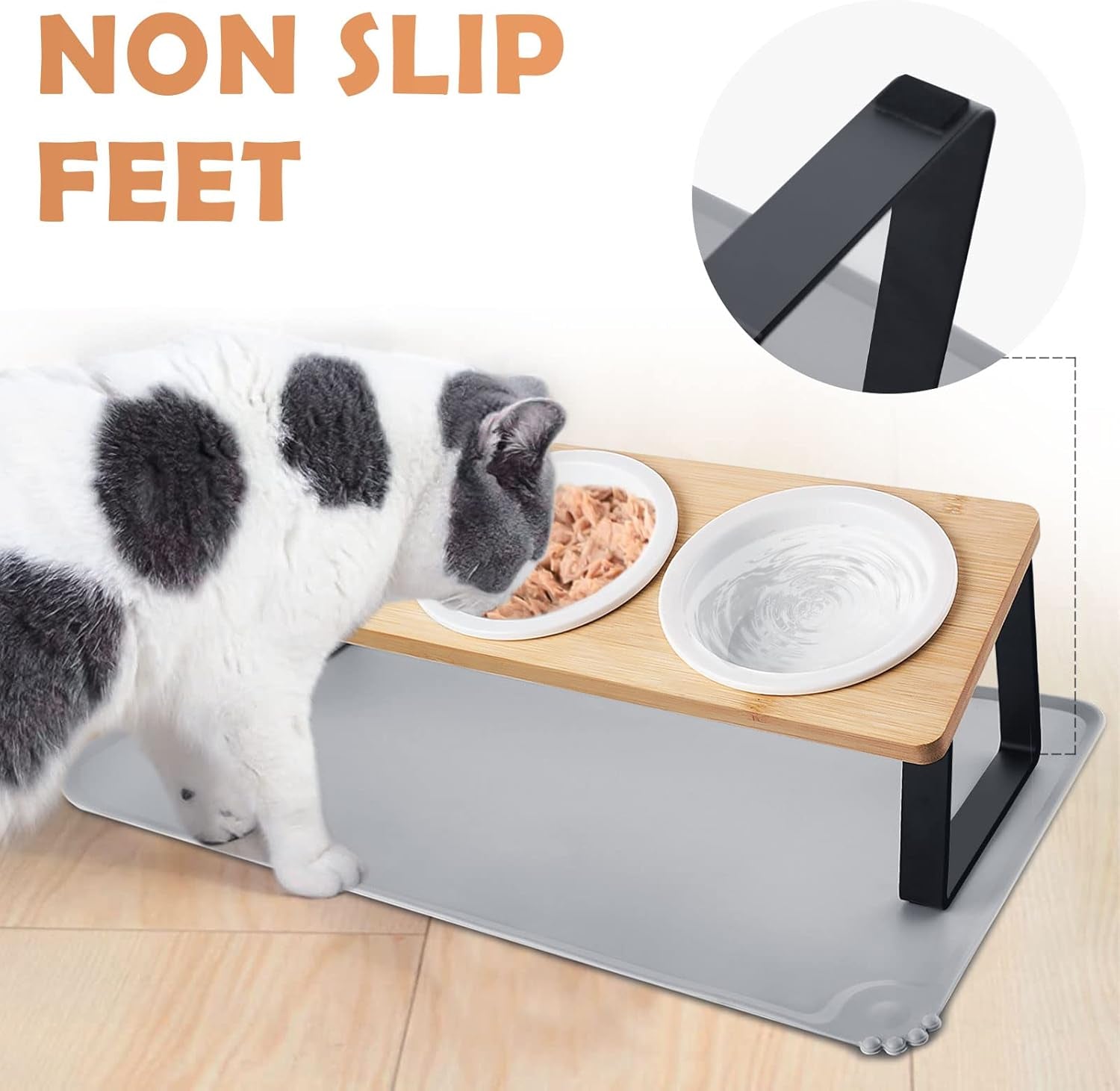 Cat Bowl, Ceramic Cat Food Bowls With 15° Tilted Wood Stand,Raised Cat Bowls for Food and Water, Bamboo Cat Feeding Station with Cat Food Mat for Cats and Puppy (3 Bowls with Stand)