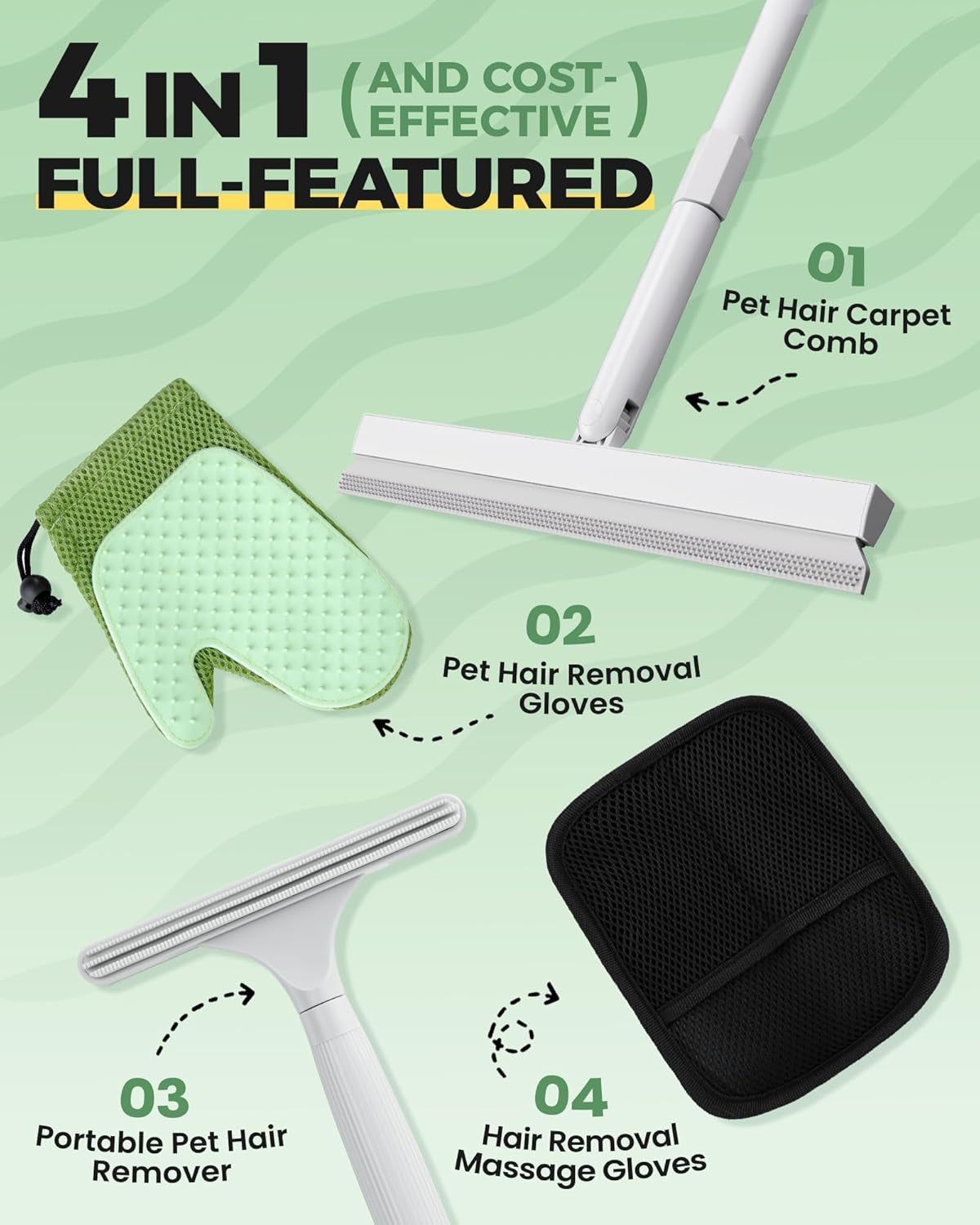 4 in 1 Carpet Rake Kit for Pet Hair Removal Tool - Pet Hair Remover For Couch Floor Mat Carpet, Contain Pet Hair Removal Glove, Magic Brush, Scraper and 60" Adjustable Rubber Broom for Quick Clean