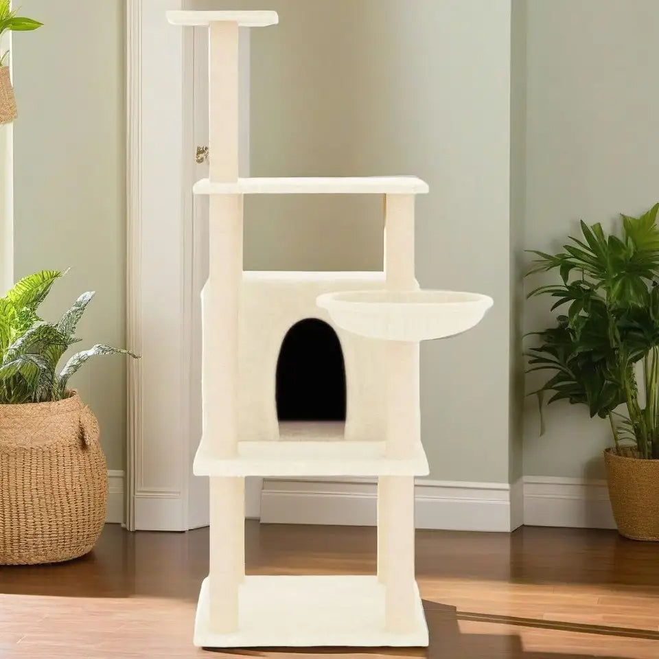 Large Cream Cat Tower with Soft House, Bed & Shelves - LifyPet