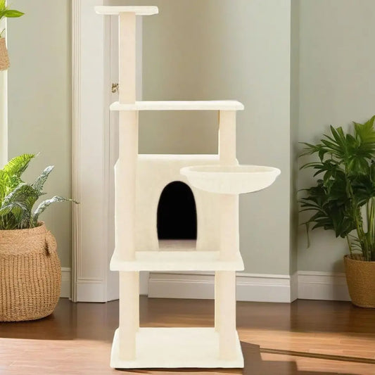 Large Cream Cat Tower with Soft House, Bed & Shelves - LifyPet