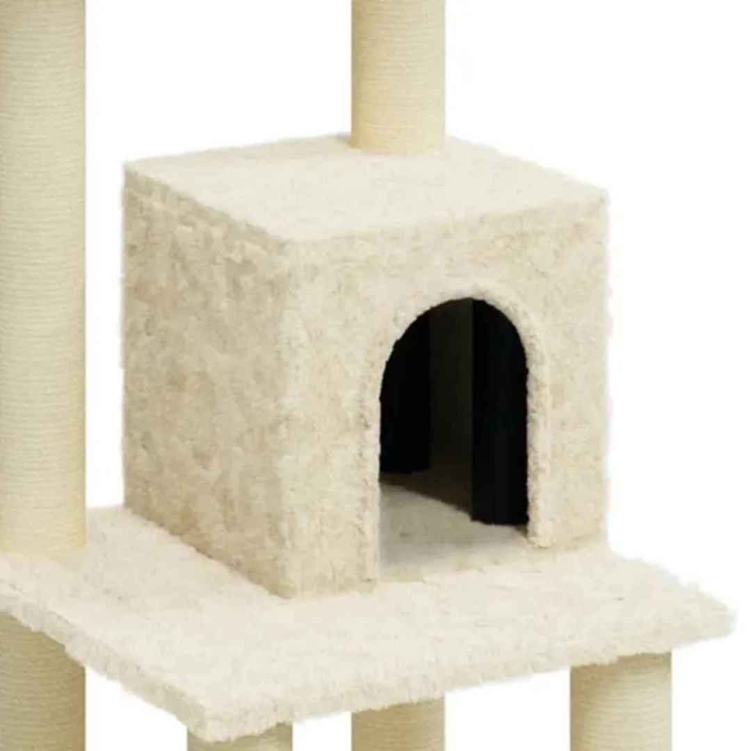 Tall Cream Cat Tower with Soft House, Shelves & Scratch Posts
