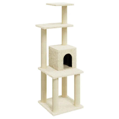 Tall Cream Cat Tower with Soft House, Shelves & Scratch Posts