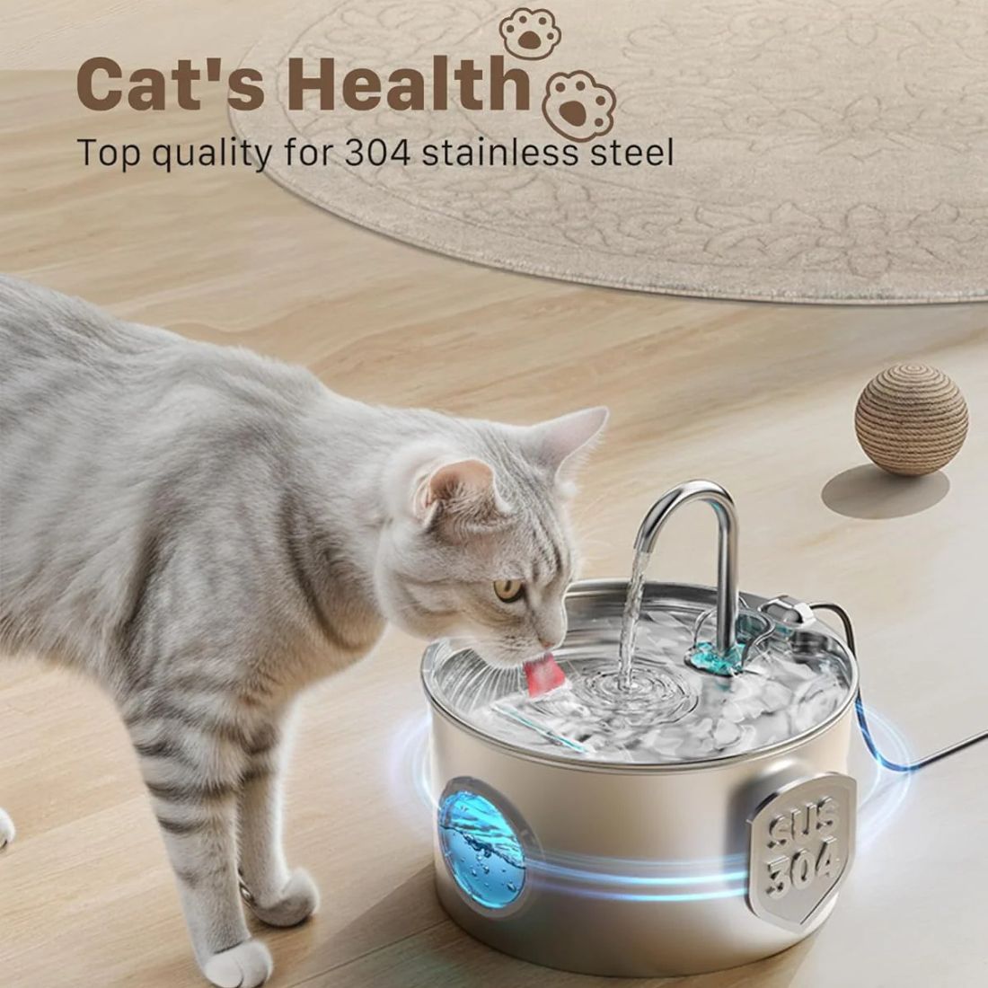 2.2L Stainless Steel Cat Water Fountain - Ultra-Quiet with Visible Water Level