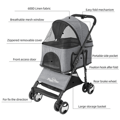Portable Pet Stroller with Detachable Carrier and Car Seat