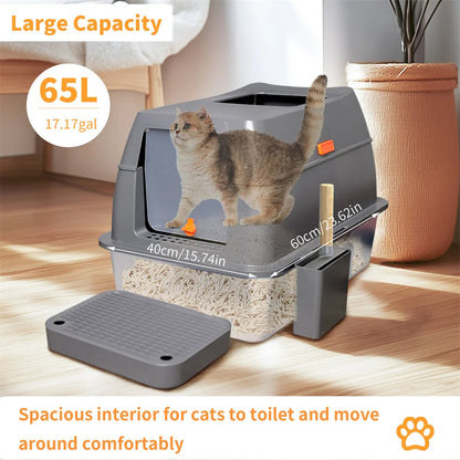 Large Covered Stainless Steel Cat Litter Box with Accessories