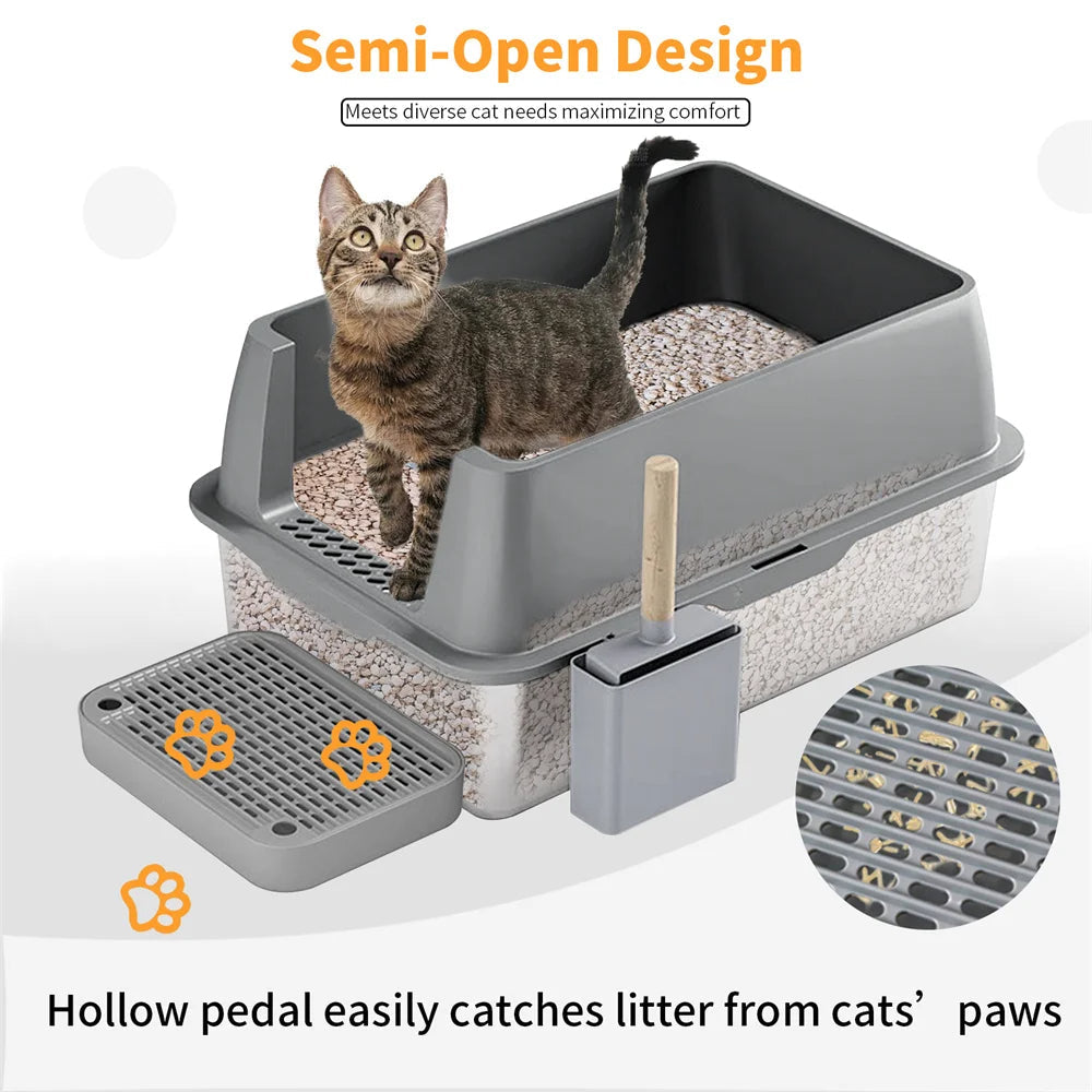 Large Covered Stainless Steel Cat Litter Box with Accessories