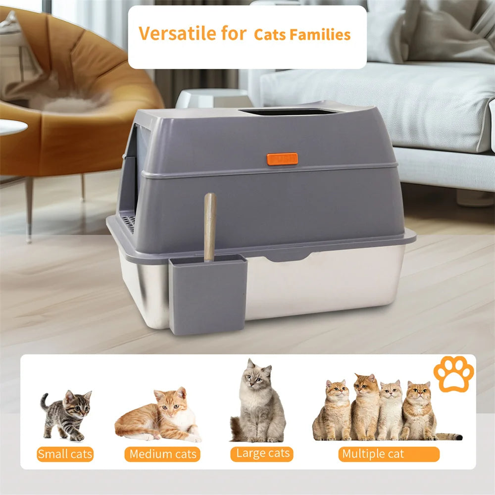 Large Covered Stainless Steel Cat Litter Box with Accessories