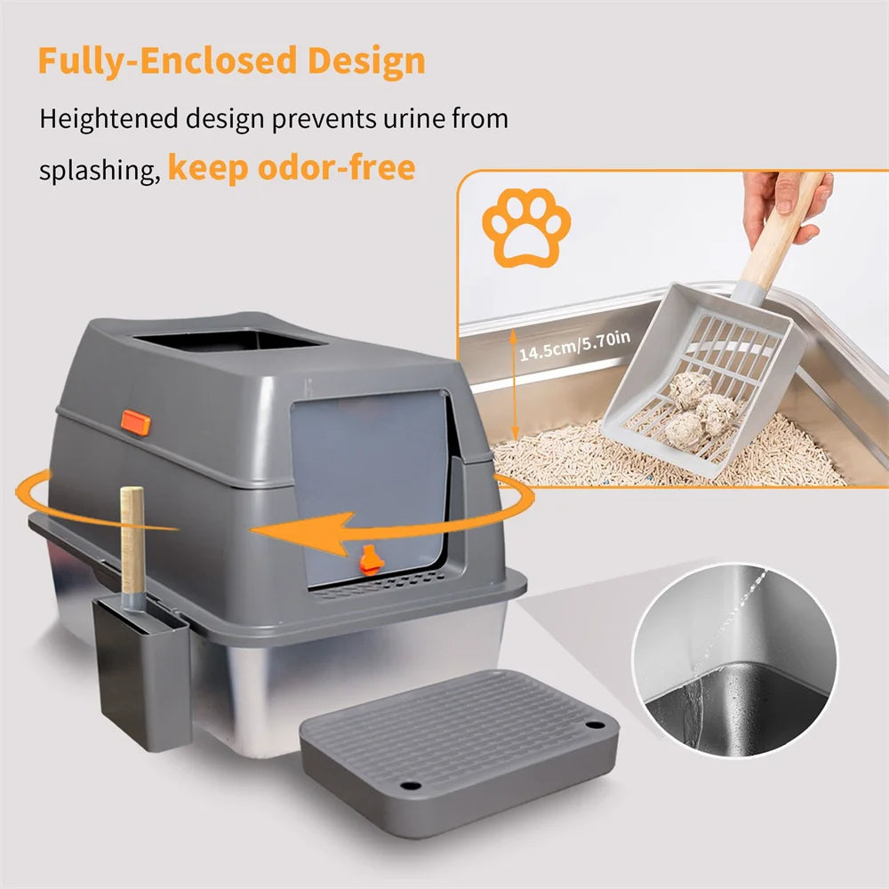 Large Covered Stainless Steel Cat Litter Box with Accessories