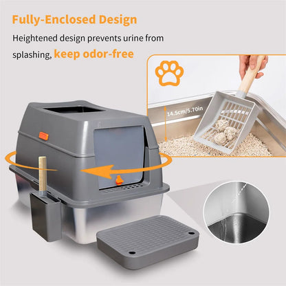 Large Covered Stainless Steel Cat Litter Box with Accessories