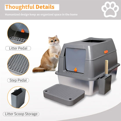Large Covered Stainless Steel Cat Litter Box with Accessories
