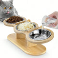Elevated Wooden Cat Feeder with 3 Metal Food Bowls