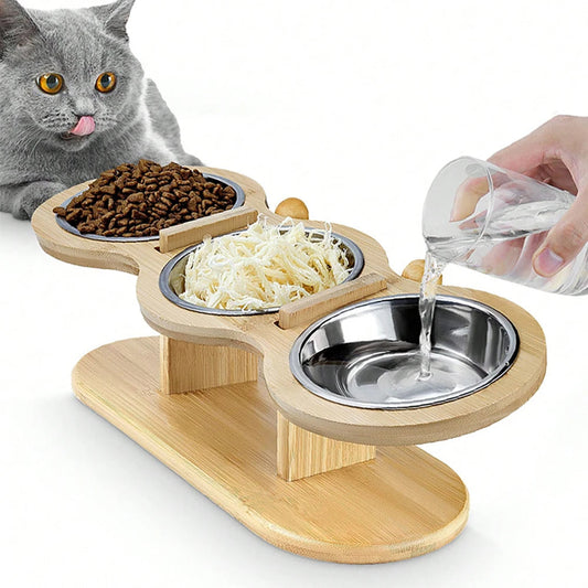 Elevated Wooden Cat Feeder with 3 Metal Food Bowls - LifyPet
