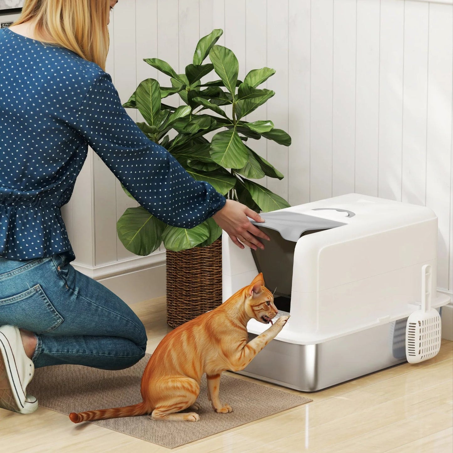 Spacious Covered Cat Litter Box with Easy Clean Tray