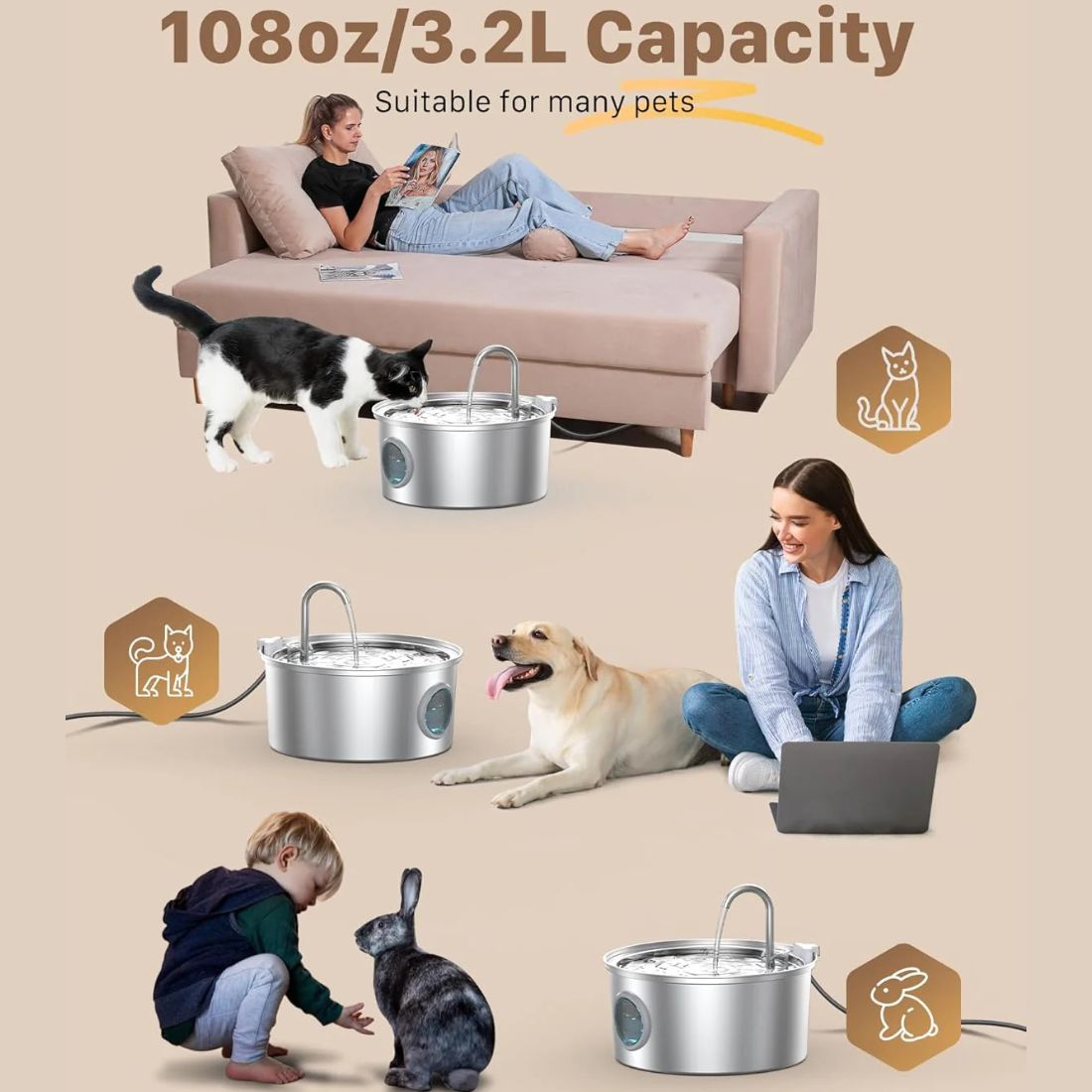 3.2L Stainless Steel Cat Water Fountain - Ultra-Quiet with Visible Water Level