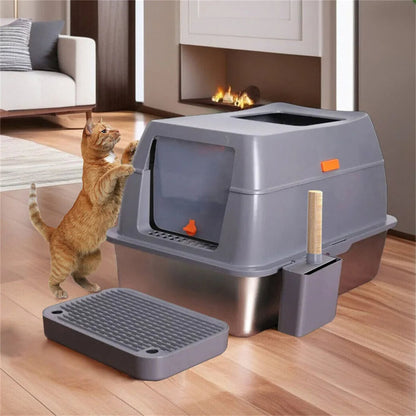 Large Covered Stainless Steel Cat Litter Box with Accessories