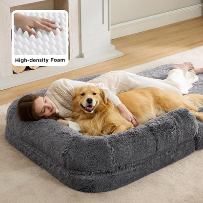 Human Dog Bed for Adults - 2 in 1 Foldable Human Sized Giant Dog Bed Fits Pet Families with Egg Foam Supportive Mat and Waterproof Liner, Faux Fur Orthopedic Dog Sofa, 180x104cm, Dark Grey