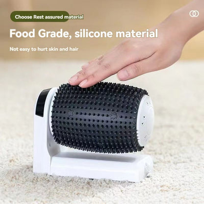 Hand using a black and white textured roller on a beige surface with text about food-grade silicone material.