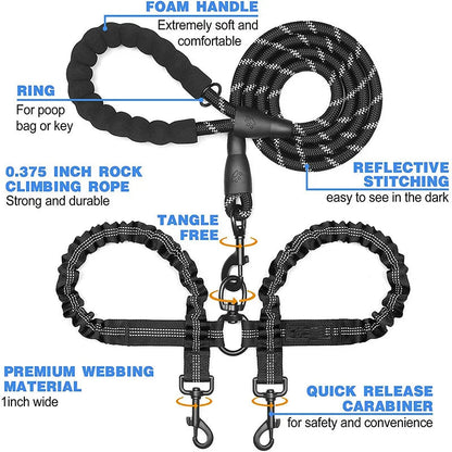 Durable Dual Dog Leash with Comfort Grip & Reflective Strap