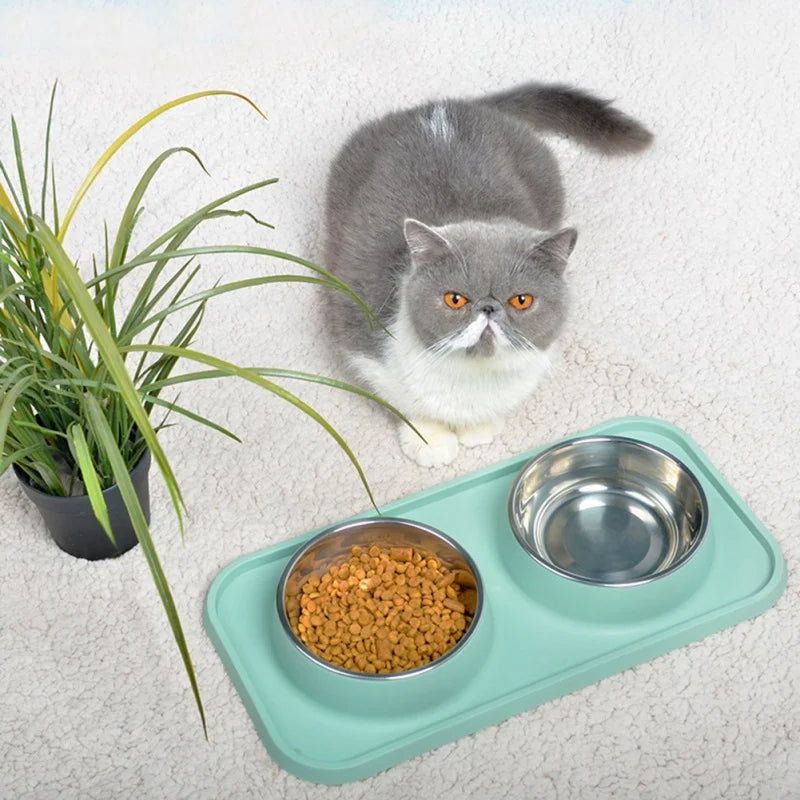 Durable Stainless Steel Pet Food Bowls & Non Slip Tray