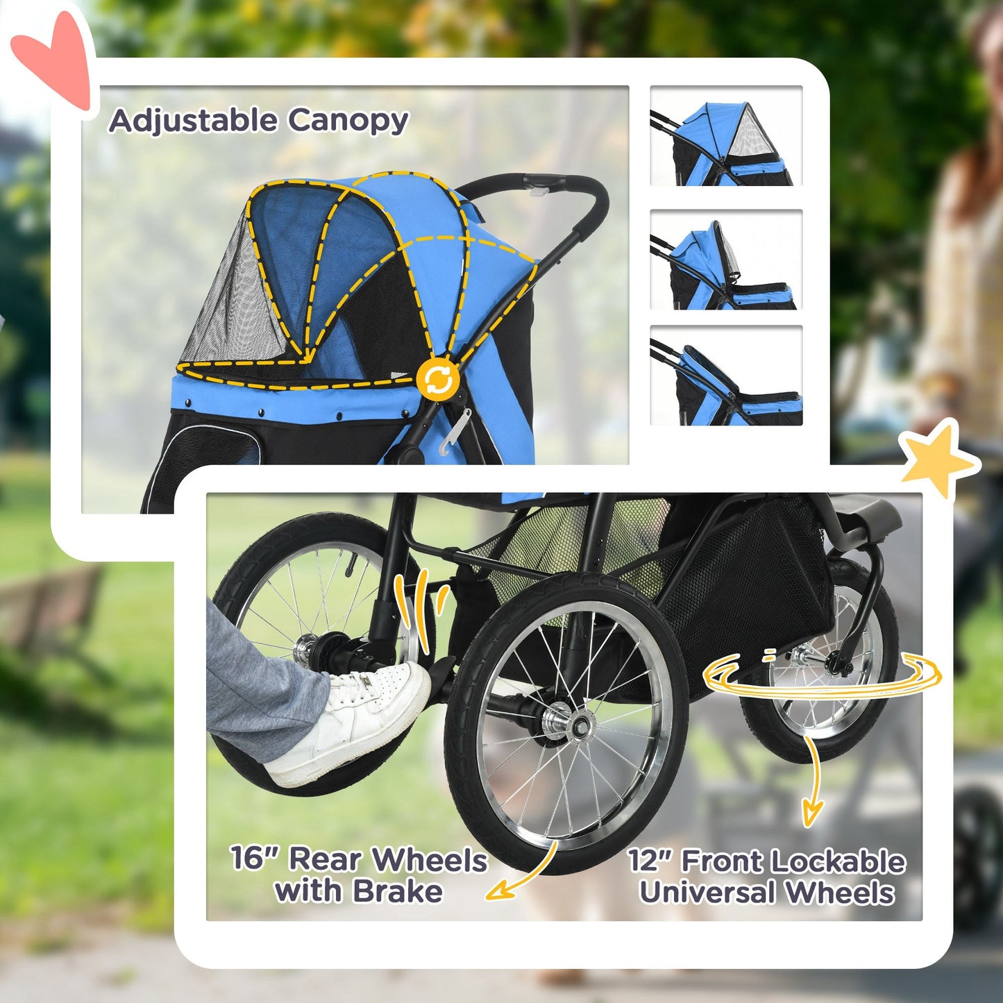 Pet Stroller with Big Wheels and Easy Fold Basket