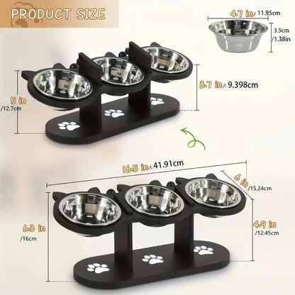 Elevated Cat Feeder with 3 Dish Stainless Steel Bowls