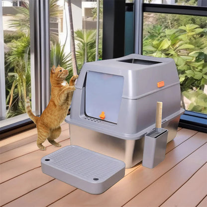 Large Covered Stainless Steel Cat Litter Box with Accessories