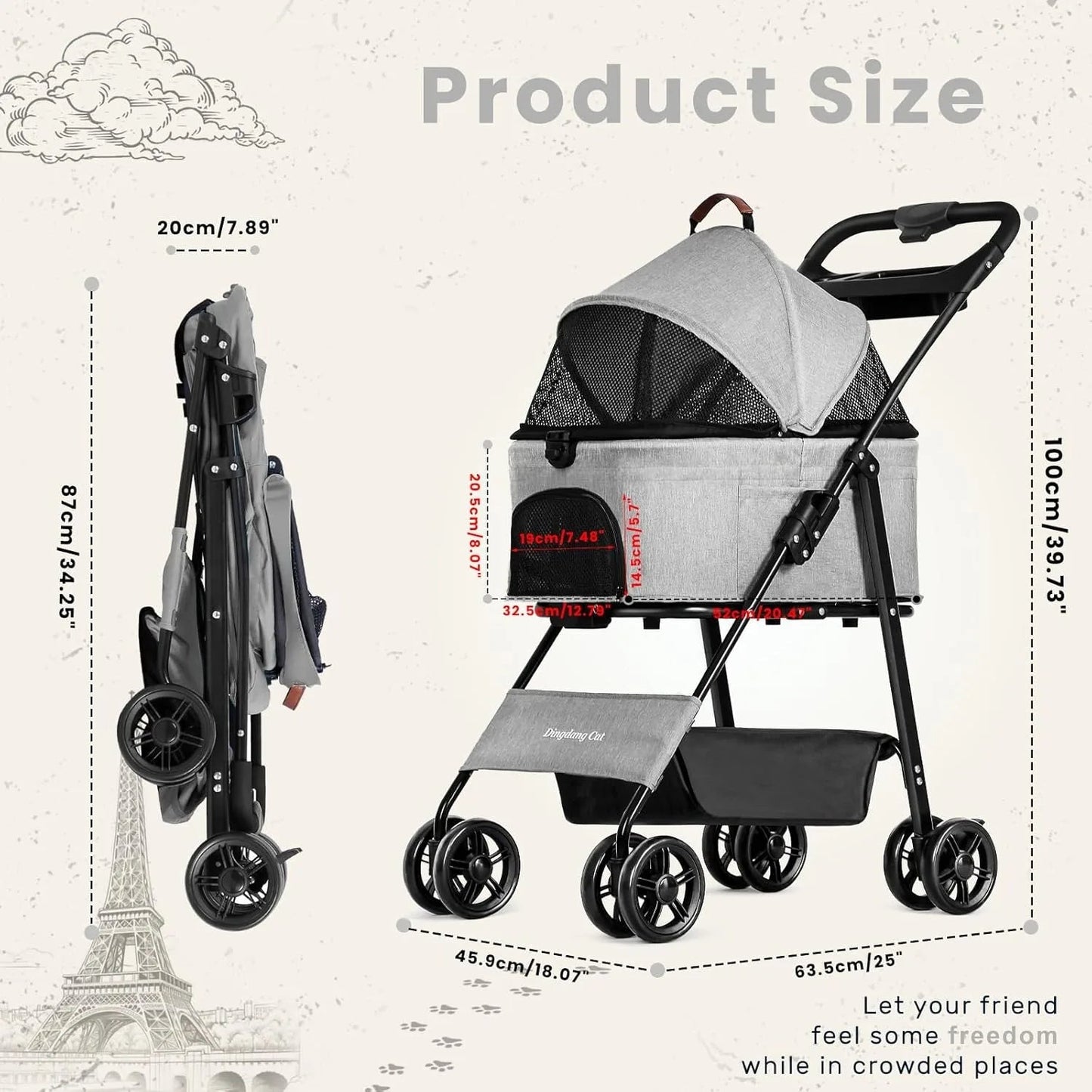 Collapsible Pet Stroller with Large Storage Basket