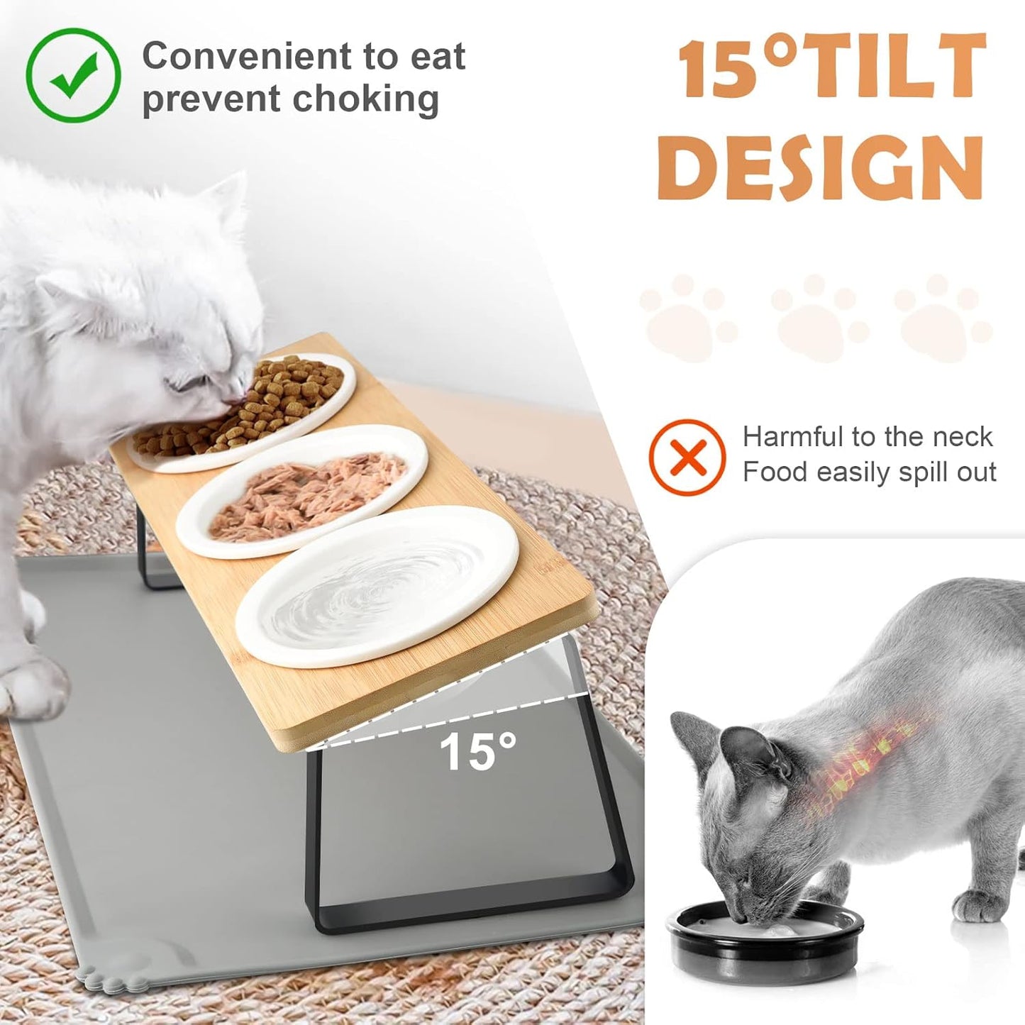 Cat Bowl, Ceramic Cat Food Bowls With 15° Tilted Wood Stand,Raised Cat Bowls for Food and Water, Bamboo Cat Feeding Station with Cat Food Mat for Cats and Puppy (3 Bowls with Stand)