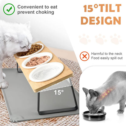 Cat Bowl, Ceramic Cat Food Bowls With 15° Tilted Wood Stand,Raised Cat Bowls for Food and Water, Bamboo Cat Feeding Station with Cat Food Mat for Cats and Puppy (3 Bowls with Stand)