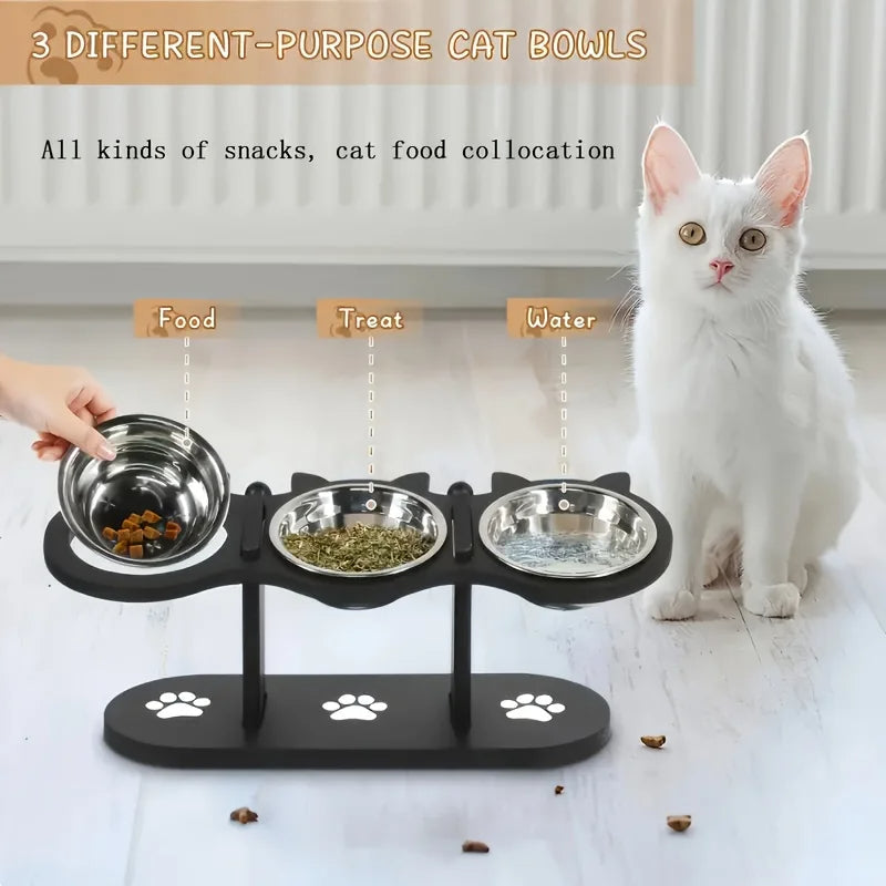 Elevated Cat Feeder with 3 Dish Stainless Steel Bowls