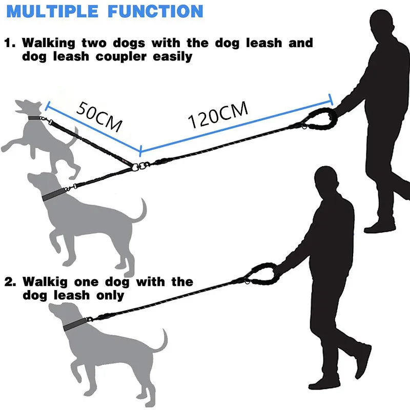 Durable Dual Dog Leash with Comfort Grip & Reflective Strap