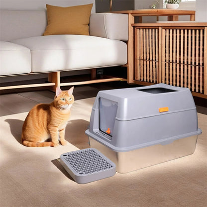 Large Covered Stainless Steel Cat Litter Box with Accessories