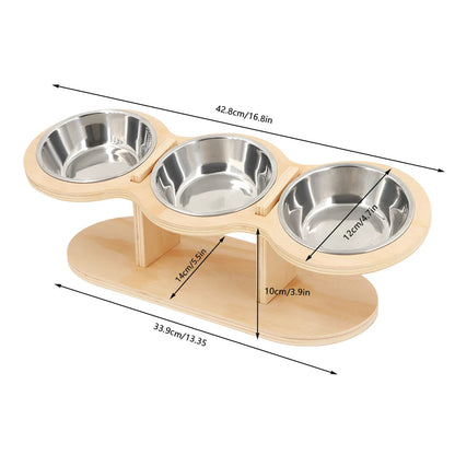 Elevated Wooden Cat Feeder with 3 Metal Food Bowls