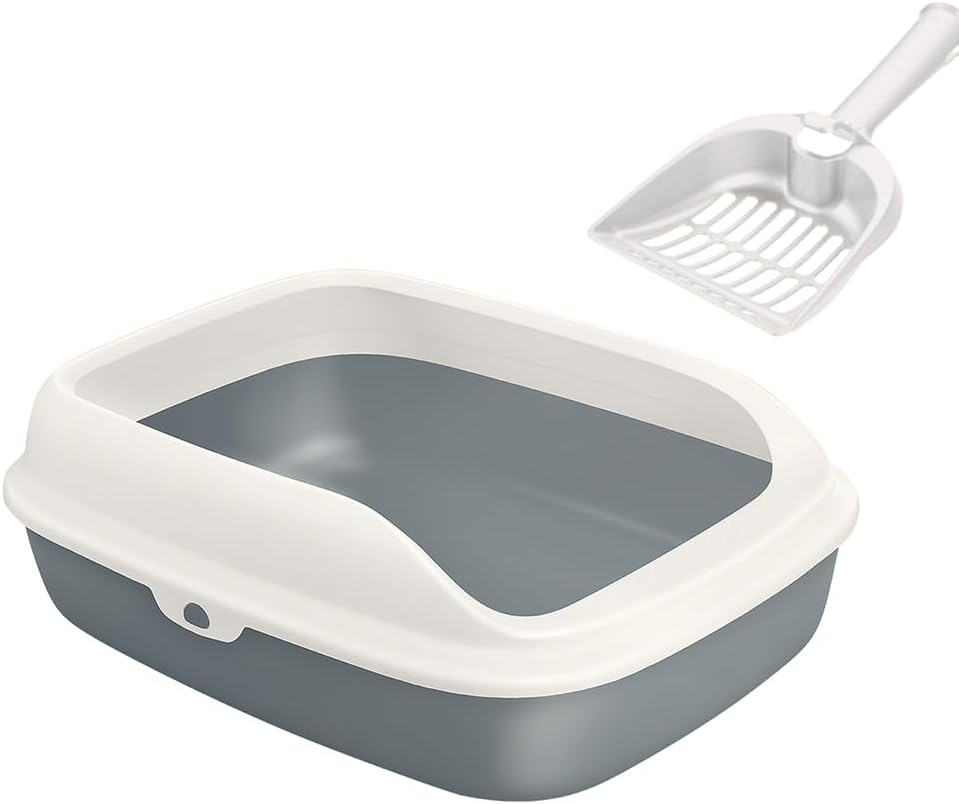 Large Cat Litter Tray Box, Plastic Open Cat Litter Box with Raised Rims and Detachable Rim, Litter Tray with Free Scoop, 57.5 x 44 x 19 cm